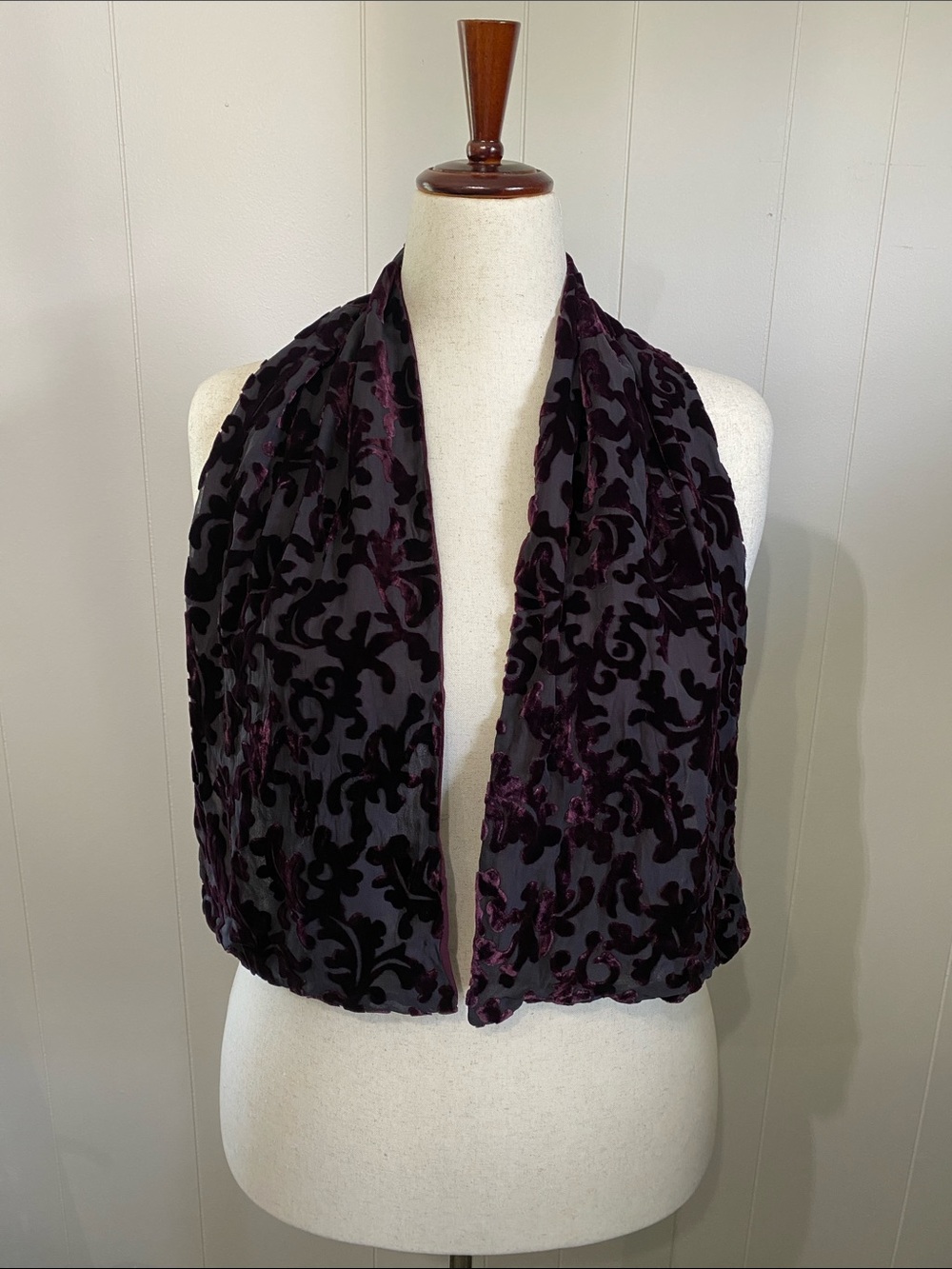 Velvet Burnout Scarf Wrap in Deep Plum and Black